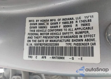 2012 Honda Civic Lx из США, поврежденный, VIN 19XFB2F59CE023369